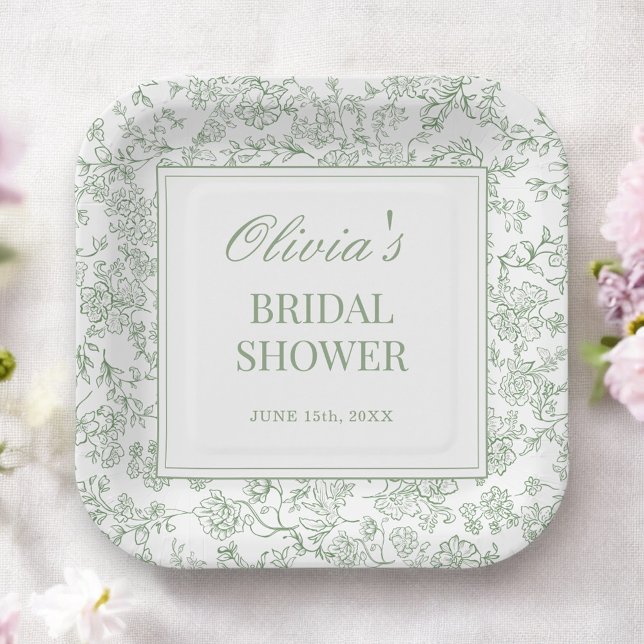 Assiettes En Carton Sage Green Fête de Mariage Floral Vintage Français (Créateur téléchargé)
