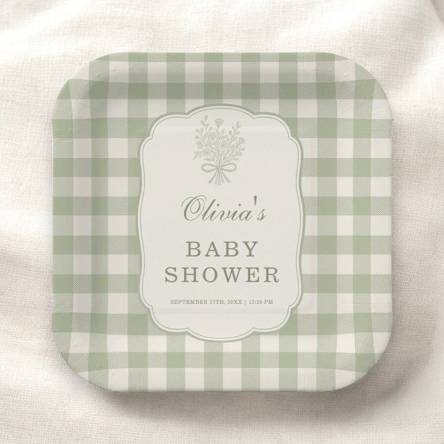 Assiettes En Carton Sage Green Gingham Baby Shower Party (Créateur téléchargé)