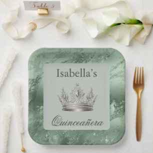 Assiettes En Carton Sage Green Metallic Tiara Crown Quinceañera