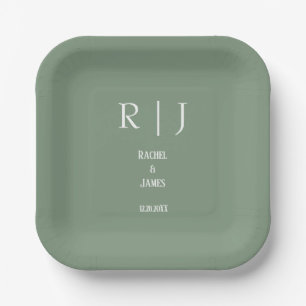 Assiettes En Carton Sage Green Monogrammes Minimal Moderne Simple Mari