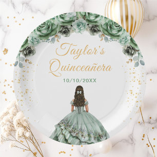 Assiettes En Carton Sage Green Princess Floral Quinceañera