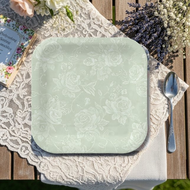 Assiettes En Carton Sage Green Rose Garden Party (Sage Green Rose Garden Party Paper Plates)