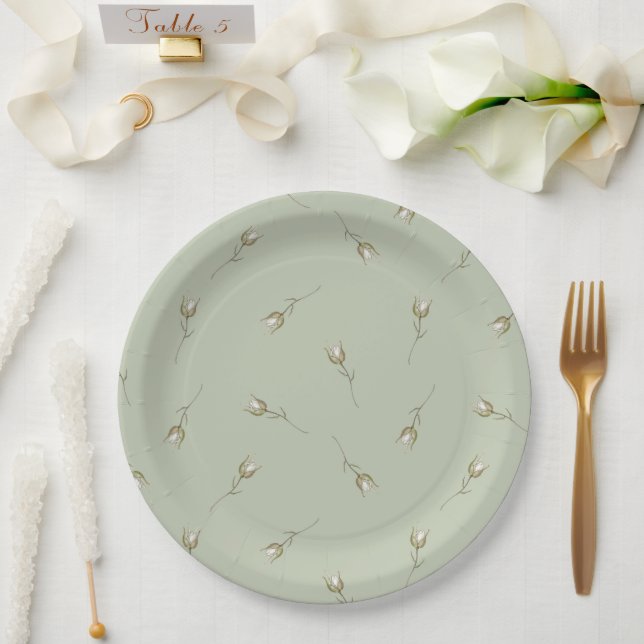 Assiettes En Carton Sage Green Watercolor Rose Bud (Mariage)