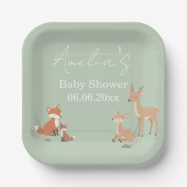 Assiettes En Carton Sage Green Woodland Animal Baby Shower  (Recto)