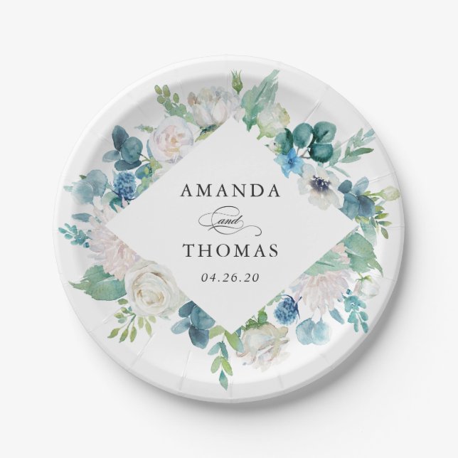 Assiettes En Carton Sage Vert Bleu Blanc Pastel Floral Wreath Mariage (Devant)