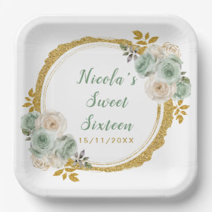 Assiettes En Carton Sage Vert et or Elegant Fleurs Sweet sixteen