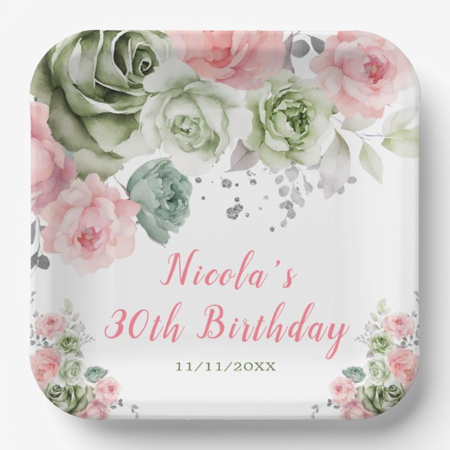 Assiettes En Carton Sage Vert et rose Floral Anniversaire (Recto)
