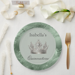 Assiettes En Carton Sage Vert métal argent Tiara Couronne Quinceañera