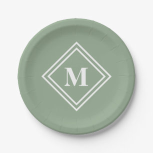 Assiettes En Carton Sage Vert Moderne Monogramme