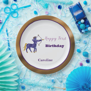 Assiettes En Carton Sagittaire 1er Anniversaire Or & Violet Artistique