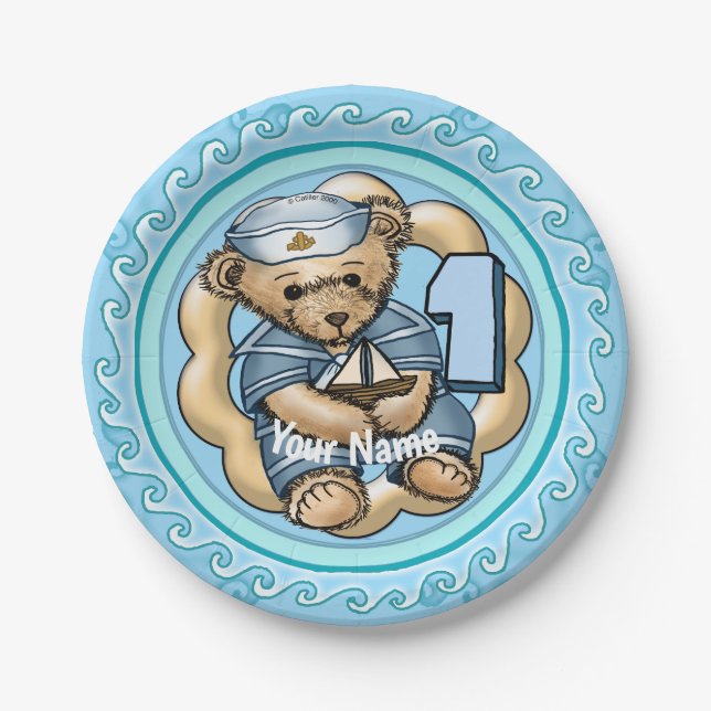 Assiettes En Carton Sailor Bear 1 an Anniversaire Plaques papier (Devant)