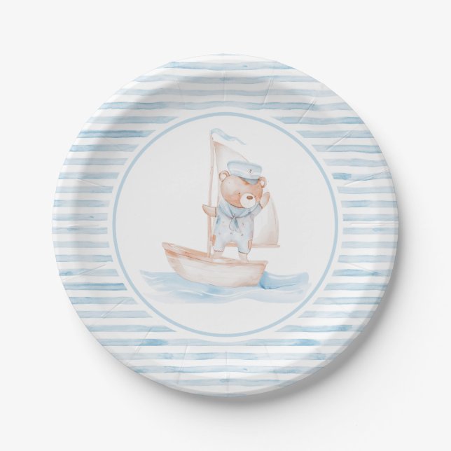 Assiettes En Carton Sailor Bear Blue Stripe Birthday (Devant)