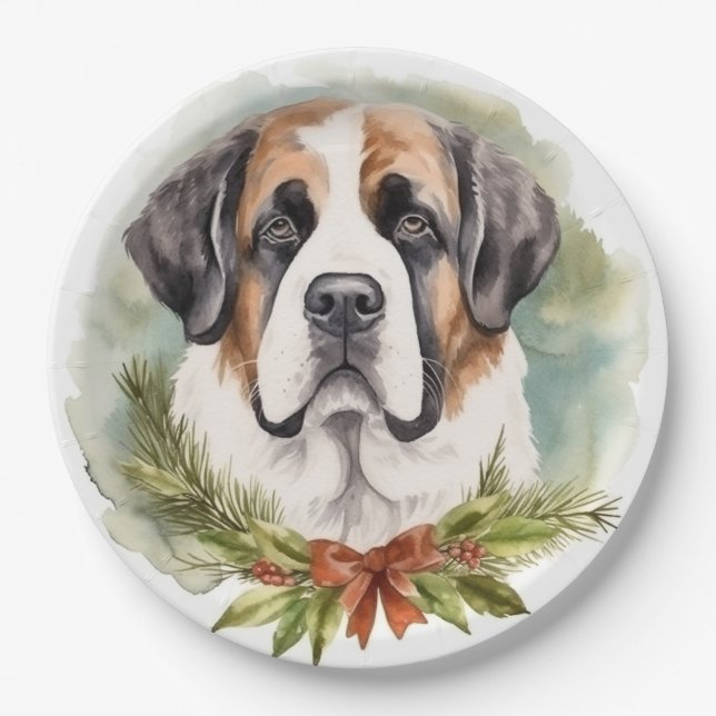 Assiettes En Carton Saint Bernard Christmas Wreath Festive Pup (Devant)