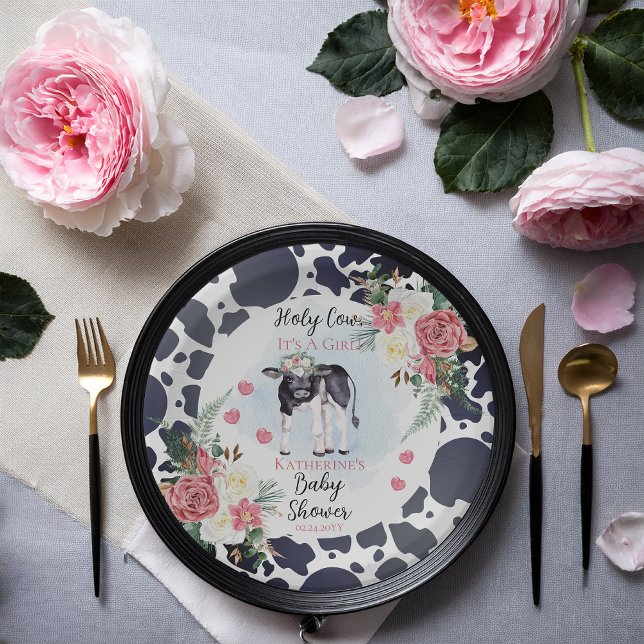 Assiettes En Carton Saint Vache, C'est un Baby shower de fille Bienven (Cute "Holy Cow, It's A Girl!" Black and White Cow Theme | Pink Floral Baby Shower Paper Plates)