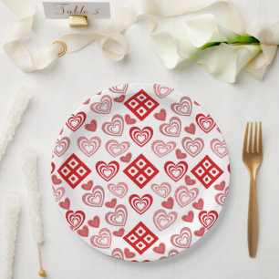 Assiettes En Carton Saint Valentin Amour rose, rouge et Motif blanc