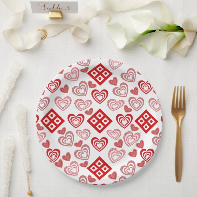 Assiettes En Carton Saint Valentin Amour rose, rouge et Motif blanc (Mariage)
