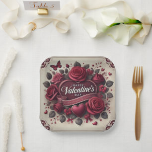Assiettes En Carton Saint Valentin Design avec Roses et coeur