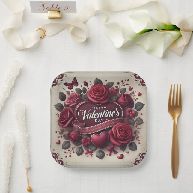 Assiettes En Carton Saint Valentin Design avec Roses et coeur (Mariage)