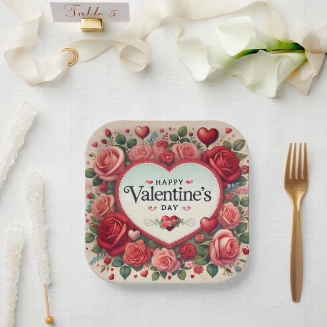 Assiettes En Carton Saint Valentin Design avec Roses et Coeurs (Mariage)