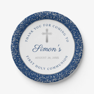Assiettes En Carton Sainte communion argentée de bleu marine de