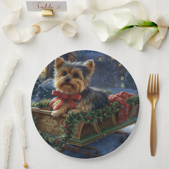 Assiettes En Carton Saison de Noël du Yorkshire Terrier (Mariage)