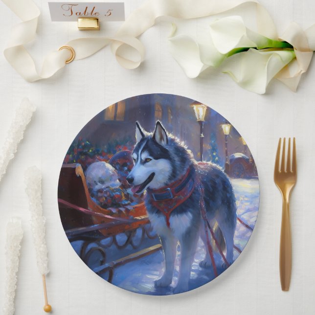 Assiettes En Carton Saison de Noël Sibérienne Husky (Mariage)