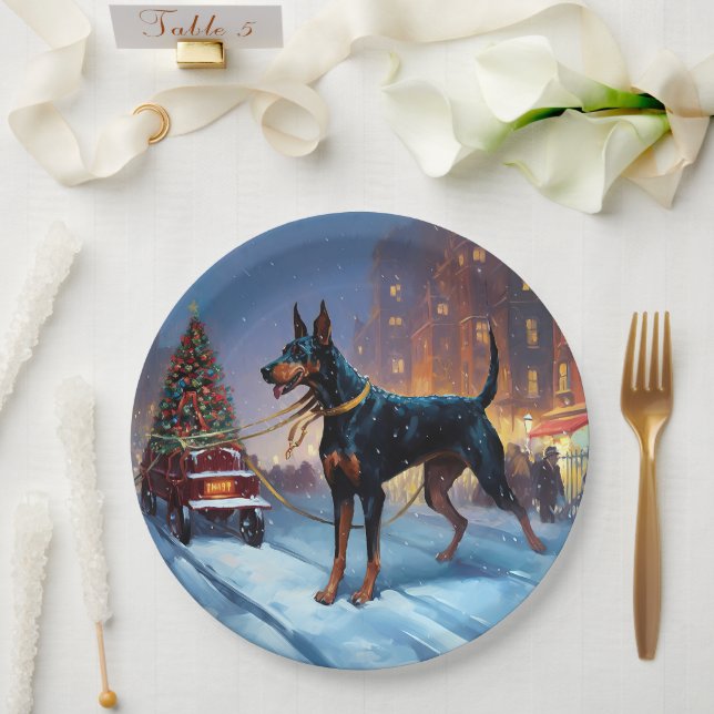Assiettes En Carton Saison Festive de Noël Doberman (Mariage)