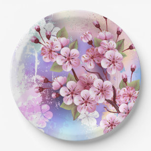 Assiettes En Carton Sakura rose sur la peinture Arrière - plan