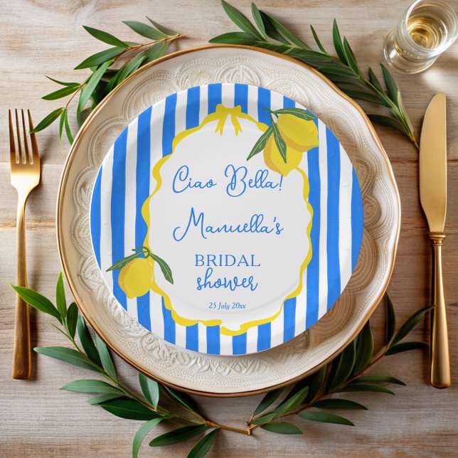 Assiettes En Carton Salut belle rayures bleues citrons enterrement de  (Ciao bella blue stripes lemons wavy border dolce vita Italian bridal shower monogrammed paper plates)