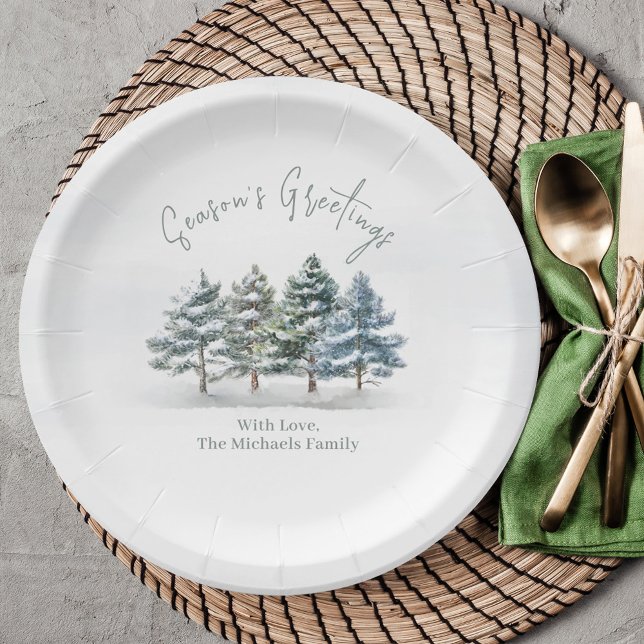 Assiettes En Carton Salutation de saison Aquarelle Arbres de Noël (Season's Greeting Custom party paper plate. )