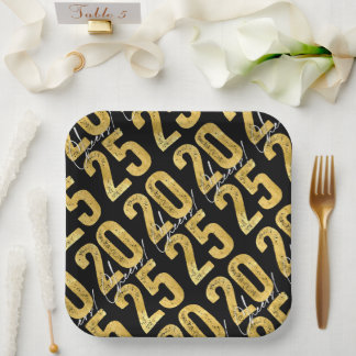 Assiettes En Carton Salutations À 2025 Typographie Or Fête du Nouvel A