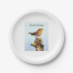 Assiettes En Carton Salutations d'hiver. Rouge-gorge chantant