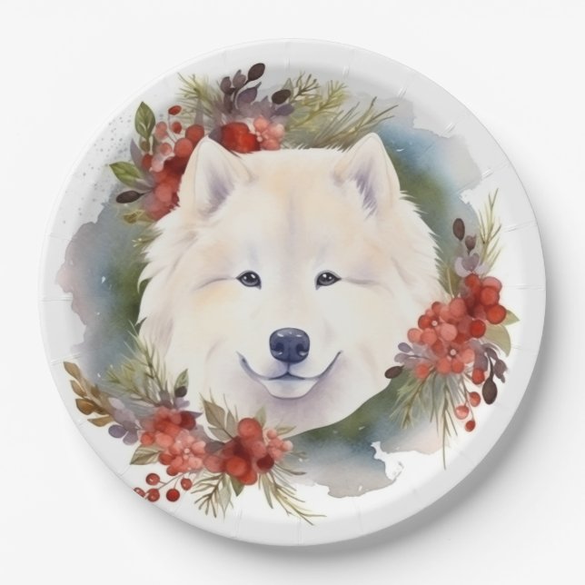 Assiettes En Carton Samoyed Christmas Wreath Festive Pup (Devant)