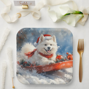 Assiettes En Carton Samoyède en traîneau 'Qu'il neige' Noël