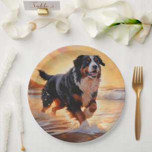 Assiettes En Carton Sandy Paws Bernese Mountain Dog on Beach Sunset