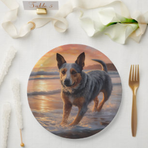 Assiettes En Carton Sandy Paws Bouvier Australien sur Plage Coucher de