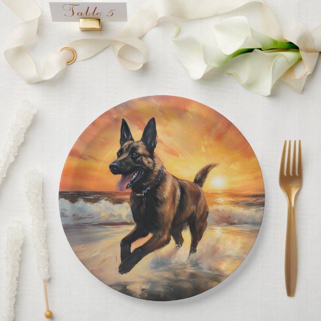 Assiettes En Carton Sandy Paws Chien Malinois Belge sur le coucher du  (Mariage)