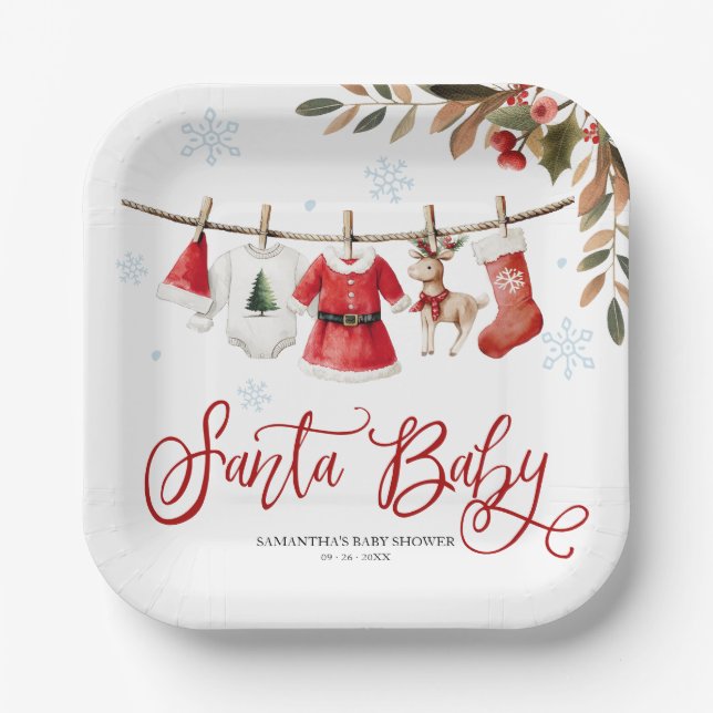 Assiettes En Carton Santa Baby Christmas Girl Baby Shower (Recto)