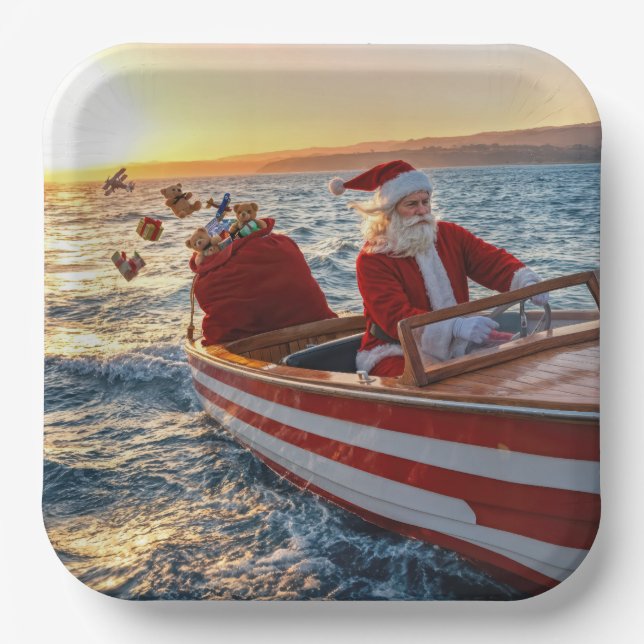 Assiettes En Carton Santa Claus Driving a Speedboat (Recto)