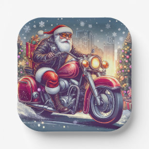 Assiettes En Carton Santa Claus en mode motard