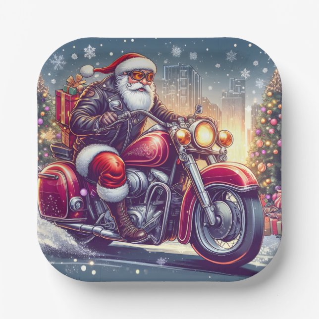 Assiettes En Carton Santa Claus en mode motard (Recto)
