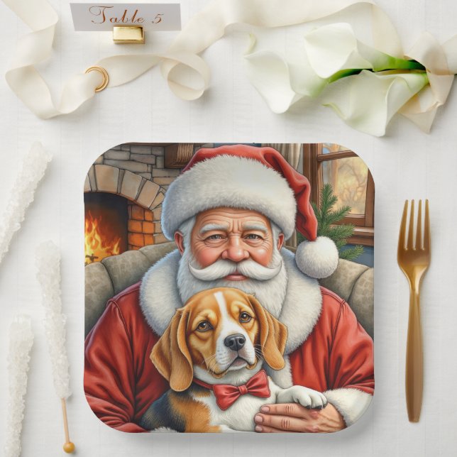 Assiettes En Carton Santa Claus Holding Beagle Christmas Art (Mariage)