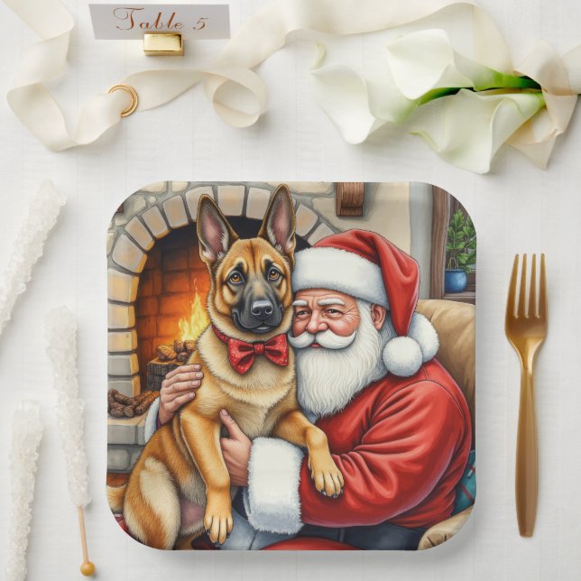 Assiettes En Carton Santa Claus Holding Belgian Malinois Christmas Art (Mariage)