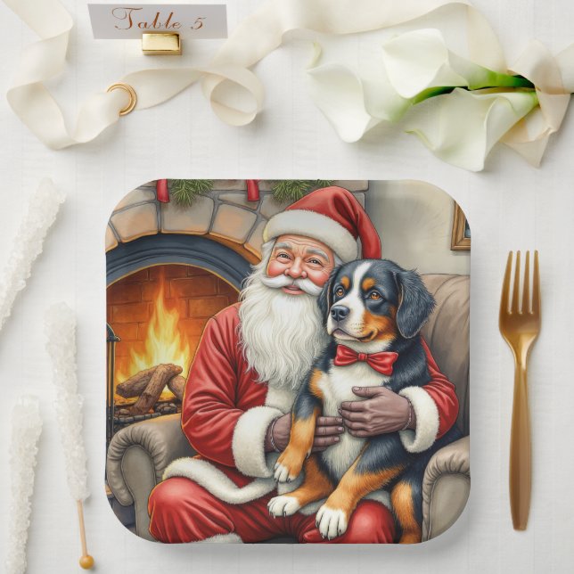Assiettes En Carton Santa Claus Holding Bernese Mountain Dog Christmas (Mariage)