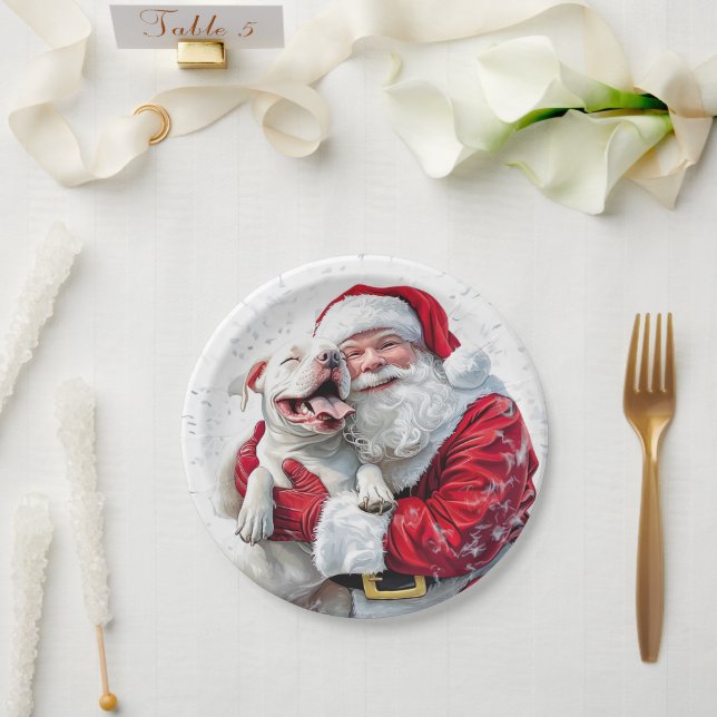 Assiettes En Carton Santa Claus & Pitbull Chien Chien, Plaque en Papie (Mariage)