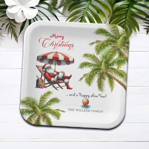 Assiettes En Carton Santa sous un parasol de plage Noël