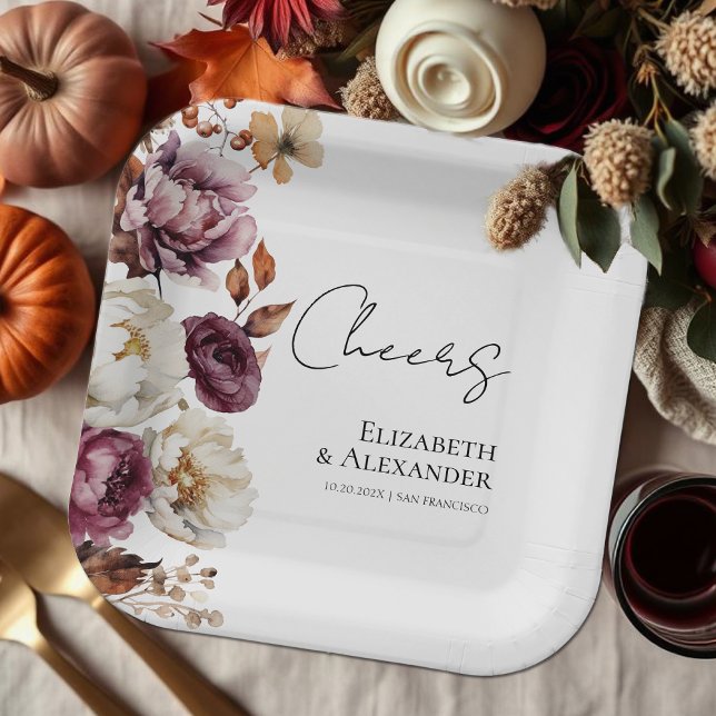 Assiettes En Carton Santé | Mariage d'automne floral de Bourgogne (Créateur téléchargé)