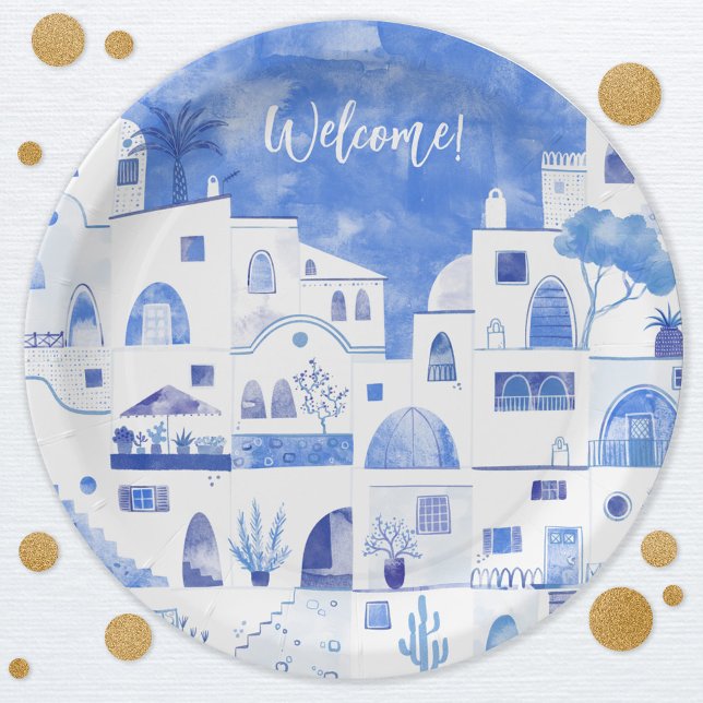 Assiettes En Carton Santorin Grèce Aquarelle Texte personnalisé (Santorini Oia Greece watercolor art party paper plate with custom text)