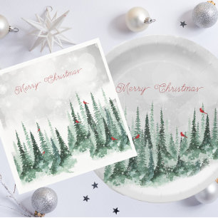 Assiettes En Carton Sapin de Noël Forêt Cardinal Oiseaux