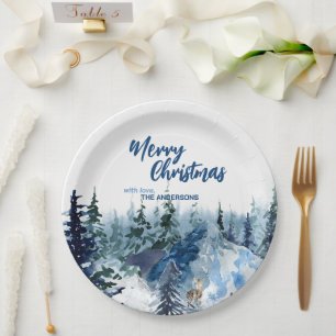 Assiettes En Carton Sapins de Noël modernes bleus forêt renne 